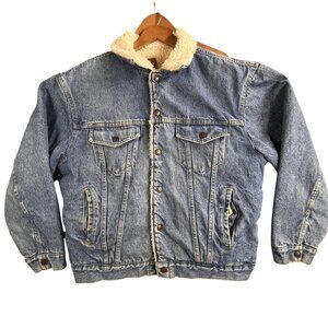 Vintage 80s Plain Pockets Jacket Mens Large Blue Denim Sherpa Lined Western USA